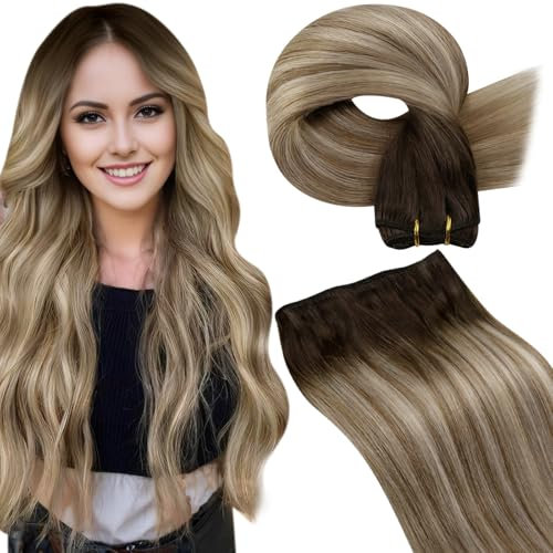 LaaVoo 55cm Haarverlängerung Echthaar zum Einnähen Blond Ombre Weft Extensions Echthaar Tressen Balayage Dunklbraun Balayage Hellblond Doppelt Tressen Extensions Echthaar Braun #3/8/24 100g