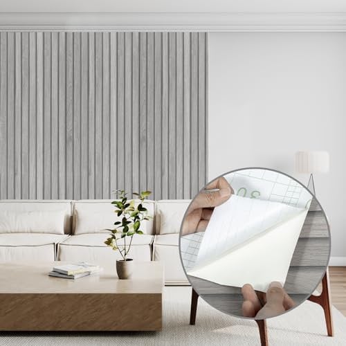 Abyssaly Wood Effect Peel and Stick Wallpaper, Grey Vinyl Wrap Self Adhesive Removable Panel Wallpaper, Wood Slats Sticky Back Plastic for Furniture Walls, Kitchen, DIY 30cmX200cm