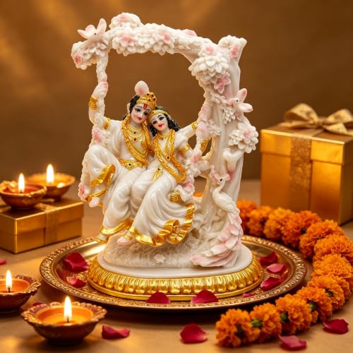 BangBangDa Radha Krishna Statue auf Schaukel, Marmorfarbe, 17 cm hoch, Polystein, indisches Murti-Krishna-Idol für Valentinstag, Hochzeit, Geburtstag, Diwali für indische Familie, Mann, Frauen,