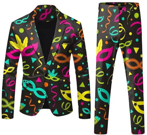 Anzug Herren Lustiger Masken Anzug Prom Suits Faschingskostüme mit Bunten Drucken 60er Jahre Pop Art Style Outfit, Party Jacke und Hose,Karneval, Mottoparty, Mardi Gras Karneval Kostüm Herren Anzüge