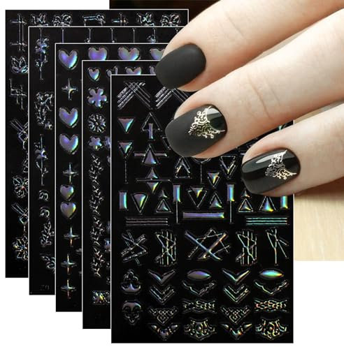 jmeowio 12 Sheets Aurora Geometric Nail Art Stickers Decals Self-Adhesive Colorful Nail Supplies Nail Art Design Decoration Accessories