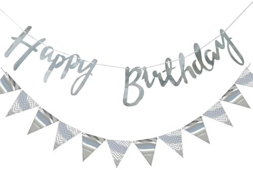 ALEGRE® Happy Birthday Girlande mit Wimpel, 5 Meter Glitter Metallic Happy Birthday Girlande Banner Silber, Hängende Aufhängen für Erwachsene und Kinder, Geburtstagsbanner für Geburtstag Party Deko