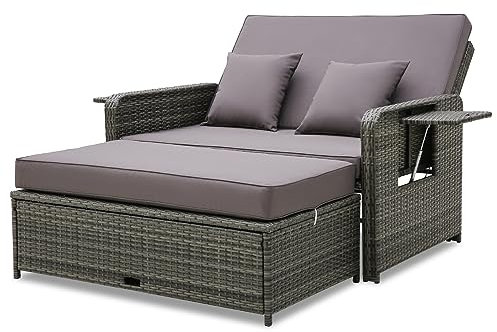 COSTWAY Garden Rattan Daybed, 4-Level Adjustable Patio Wicker Loveseat Sofa Bed Sun Lounger with Storage Ottoman, Retractable Tray & Cushions, Outdoor Double Conversation Furniture (Grey+Mix Grey)