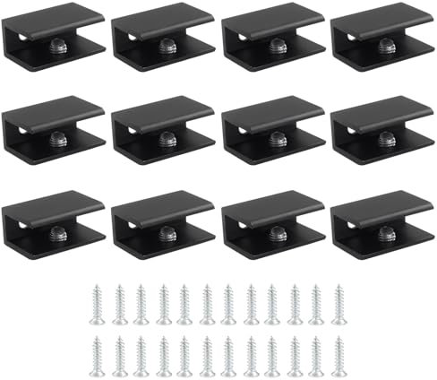 Hordion Confezione da 12 morsetti quadrati per vetro, in lega di alluminio, morsetti per mensole in vetro, staffa di supporto per vetro spesso 5-8 mm, nero