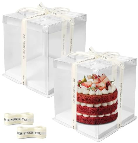 Chingcoo Geschenkbox Durchsichtig, 2 Stück Tortenbox Transparent, Durchsichtige Geschenkbox, Doppelschicht Tortenschachtel, Kuchenbox mit Sockel und Band (30 * 30 * 25cm)