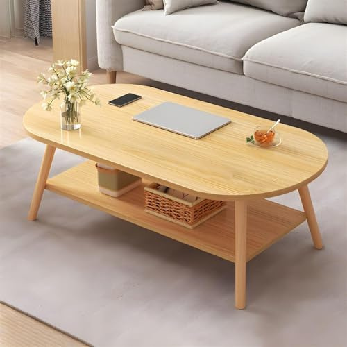 Mid Century Couchtisch mit Ablageregal für kleine Wohnung Wohnzimmer – ovaler 2-stöckiger moderner Couchtisch aus Holz