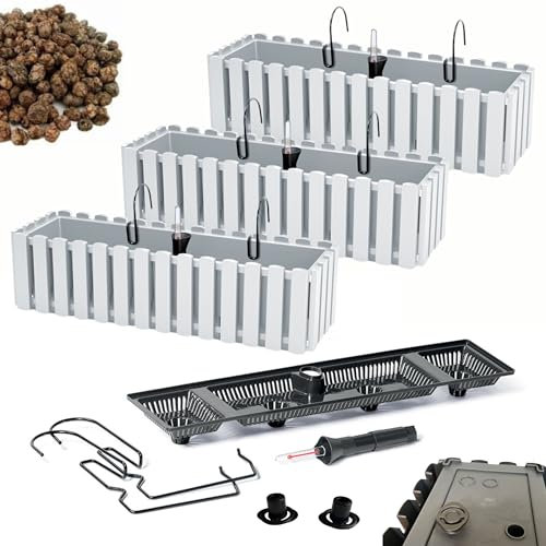 DIKEL Fioriera Set 3 X 58x18x16,5 cm da balcone con sistema di irrigazione e tappi di drenaggio | Vaso per giardino moderno, protegge le radici e previene il ristagno d'acqua | Bianco