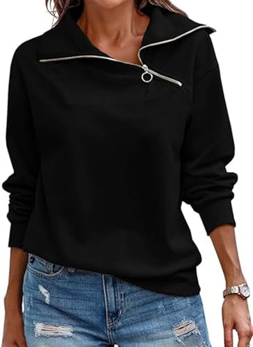 Cuptacc Pullover Damen Sweatshirt Winter 2025 Quarter Zip V-Ausschnitt Langarmshirt Damen Elegant Einfarbig Oberteile Schwarz, Mittel M 38-40