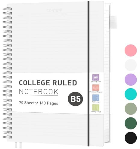 RETTACY B5 journal Notebook, Spiral Notebook 140 Pages/70 Sheets Lined for Women Men,Writing Notepad with 100gsm Paper,PVC Pocket, Pen Loop, Ruler, Bookmark,19 x 25 cm - Transparent