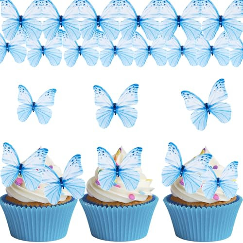 ALEGRE 50 Stück Essbare Tortendeko Schmetterlinge,Essbare Schmetterlinge für Torte Taufe,Blau Schmetterlinge Deko Torte Geburtstag,Schmetterlinge Kuchen Deko Essbare,Schmetterling Cupcake Deko Essbar
