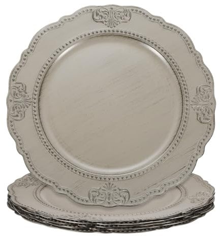 sourcing map 6pcs Vintage Charger Plates Bulk, 13 Inch Plastic Beaded Decorative Chargers for Dinner Plates Set Round Plate Charger for Wedding Party Event Table Setting Decoration, Grey