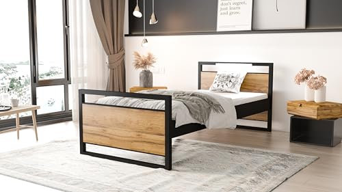 BDW Bettrahmen Holz Metallbett Bettgestell aus Metall mit Lattenrost und Matratze 10 cm, Loft-Stil 90x180 / 90x200cm Vintage für Erwachsene und Kinder (Eiche Craft Golden, 200x90)