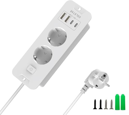 COLSTAR 2-Fach Einbausteckdose USB-C, Überspannungsschutz, 2m Kabel, Weiß | 16A/4000W, mit Maßschablone für einfache Montage, 2 Schuko + 4 USB-Ports (2×USB-A + 2×USB-C)