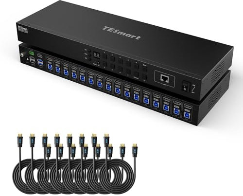 TESmart 16x1 HDMI KVM Switch HKS1601-Prime HDMI 2.0 und USB 3.0, 16 PC 1 Monitor 4K@60Hz KVM Schalter, EDID, Hotkey Umschalter, Auto Detect/Scan Modus, LAN/RS232 Port Steuerung, IR Fernbedienung, Rack