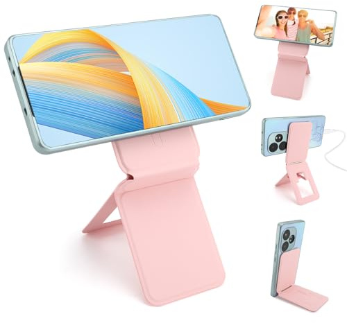 Teléfono de pie, Plegable trípode magnético del teléfono, Ajuste de ángulo y Fuertes imanes PU Soporte del teléfono de Cuero, Compatible con Todos los teléfonos Inteligentes 16/15/14/13/12 (Rosa)