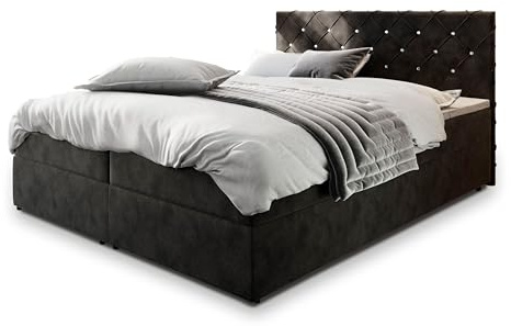 Masseno Boxspringbett Riva 140x200 cm Komplett-Set mit Matratze und Topper, Polsterbett mit Zwei Bettkästen -Schwarz, Magic Velvet 2219