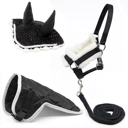 Ensemble d'accessoires Noir et Blanc pour Hobby Horse et Cheval bâton : Licol moumoute Noir avec Longe + Couverture Noire + Bonnet Anti-Mouches Noir