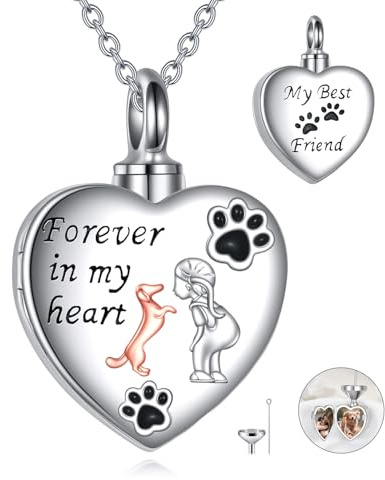JERWLI Dackel Herz Medaillon Halsketten S925 Sterling Silber Dackel Hund Asche Urne Anhänger Hund Kremations Halsketten Erinnerungs Schmuck Geschenke für Frauen Damen