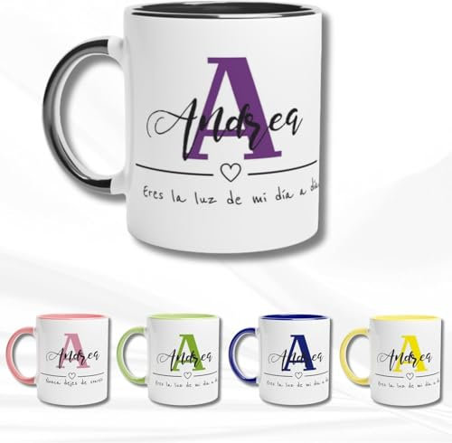TAZALAND | Taza PERSONALIZADA | Con Inicial y Nombre | 350 ml | Apta para Microondas | Taza Personalizada a Todo Color (360º alrededor de la Taza) | Ideal para Familiares o Amigos (NEGRA)