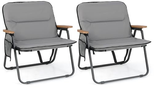 COSTWAY Campingstuhl faltbar, 2er Set, Klappstuhl mit abnehmbarem Kissen, Seitentasche und Armlehnen, 150 kg Tragfähigkeit, klappbarer Strandstuhl, Faltstuhl für Outdoor, Garten, Camping, Grau