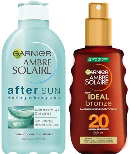 Garnier Ambre Solaire Ideal Bronze Bräunungsöl für den Körper SPF20 150 ml und feuchtigkeitsspendende Aftersun für den Körper mit Aloe Vera 200 ml