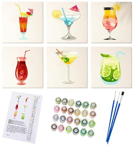 Moxeupon Cocktailnummer Gemälde, Cocktailfarbe nach Zahlen | 6 Stück Easy Lack nach Nummern Kit für Erwachsene | Pinsel- und Acrylfarben enthalten, 5.91X5.91in Home Wall Decor für Geburtstagsurlaub