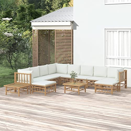 IKAYAA Set divani da Giardino in bambù Divano da Esterno con Cuscini Arredamento Giardino Esterno Salotto da Giardino esterno-Crema-12 pz