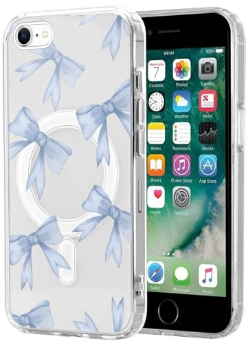 Phoona Transparent Blue Bow Magnetic Case for iPhone 8/SE 2022/7/SE 2020 4.7, Built-in Magnets Compatible with MagSafe Charging, Aesthetics Pattern PC + TPU Protective Shockproof Bumper Girls Cover