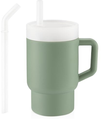 Silikon Trinklernbecher mit 2 Strohhalm und Kleinkindfreundlichem Griff, Auslaufsicher Baby Trinkbecher, Leicht zu Reinigen, 280 ml (Sage)