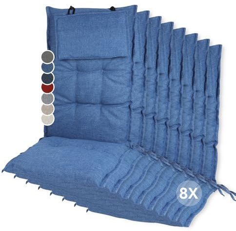slaaviinoo 8er Set Gartenstuhlauflagen Hochlehner (120x50x8cm) Sitzkissen Outdoor– wasserabweisender Stoff & UV-500h lichtecht – Mit abnehmbarem Kopfpolster – Jeansblau für Gartenmöbel/Klappstühle