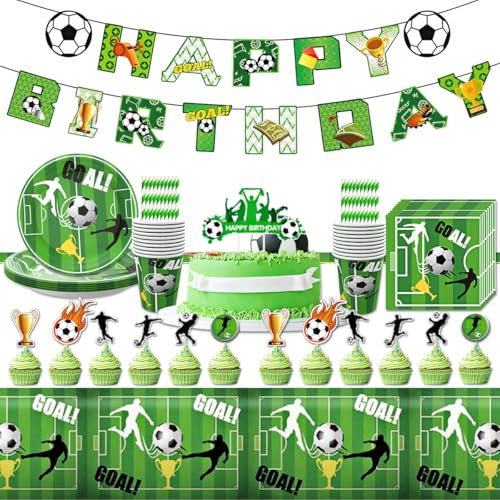 Vajilla de Fiesta de Cumpleaños, 107 PCS Vajilla Cumpleaños Futbol, Decoracion Cumpleaños Futbol, Futbol Artículos Fiest Decoración para Fiesta Incluye Platos Vasos Mantel Pajitas -20 Invitados