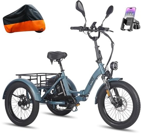 Fafrees 3-Wheel Electric Trike for Adults UK 2025 F20 MATE, 1008Wh/48V 21Ah Battery for 65-115KM | 20x3.0 Fat Tyres Cargo Ebike, Foldable Electric Tricycle Hydraulic Brakes (BLUE-STD REAR)
