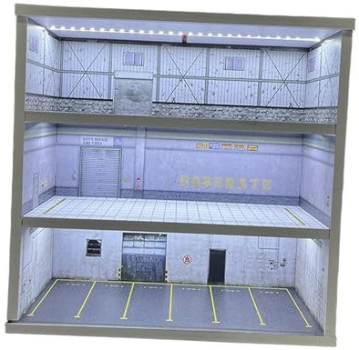 Harilla 1/64 Diorama Auto-Garagenmodell, 3-stufige Schaukasten Modell für Druckguss-Modellautos im Maßstab 1:64, Stadtauto-Parkplatz-Szenen-Display Modell dekorativ Vitrine Display Case, Style B
