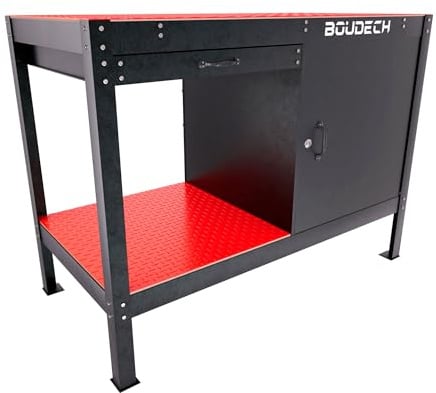 BOUDECH® MANNY - Banco da Lavoro 120x60 cm con Cassetto Porta Utensili 1 Anta e 1 Ripiano Aperto in Metallo Nero