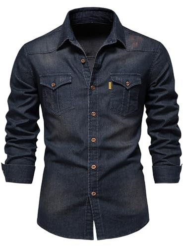 Morbuy Denim Shirts for Men Regular Fit Long Sleeve Casual Mens Cotton Collared Button Down black denim Jacket Shirts Top Autumn Winter Coats with Pocket