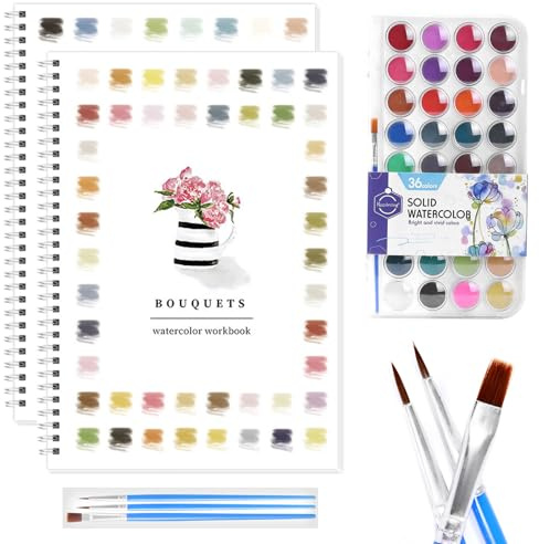 KASURE Aquarell Arbeitsbuch Set für Anfänger,2 Aquarell Malbücher Vögel und Blumen mit Vorlagen,36 Farben Wasserfarbkasten und 3 Pinsel,Watercolor Workbook für Erwachsene eenager