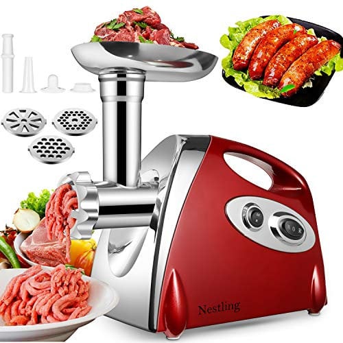 Nestling Electric Meat Grinder, Meat Mincer Stainless Steel, Sausage Stuffer and Maker, 2800W Copper Motor, 3 Different Cutting Plates, Kubbe Kit (Red)