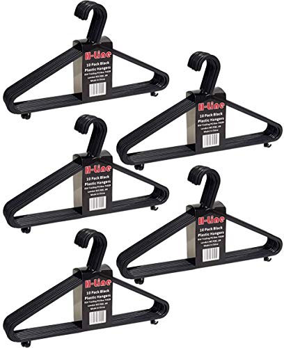 H-line (50 Pack) Black Adult Plastic Clothes Coat Hangers with Trouser Bar and Lips