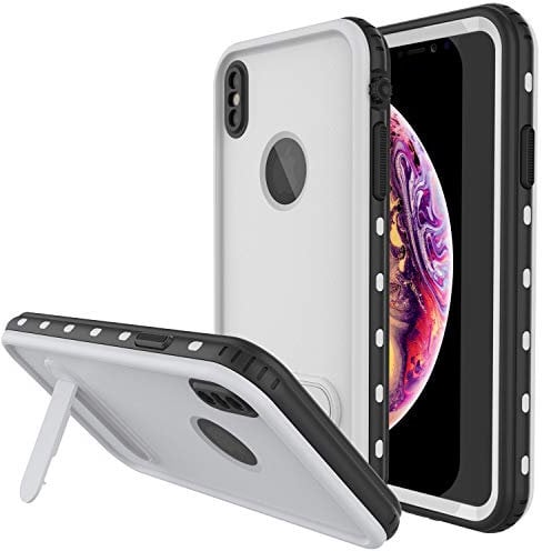 PunkCase iPhone Xs Max Waterproof Case, [KickStud Series] Slim Fit IP68 Certified [Shockproof] [Snowproof] Armor Cover W/Built-in Screen Protector + Kickstand for Apple iPhone Xs Max [White]