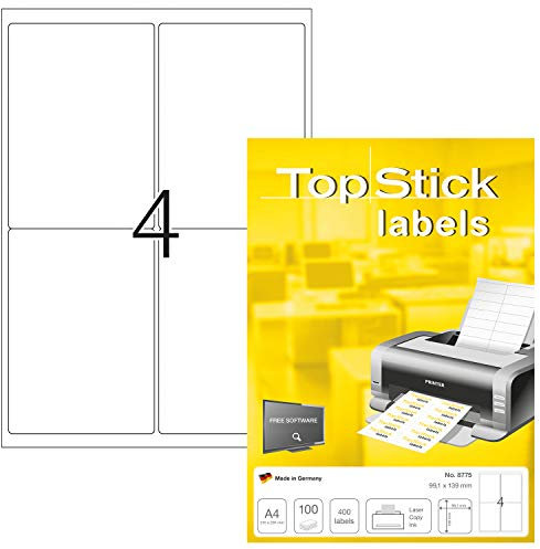 TopStick 8775 Universal Etiketten, 100 Blatt, 99,1 x 139 mm, 4 pro A4 Bogen, 400 Stück, selbstklebend, bedruckbar, matt, blanko Papier Klebeetiketten Aufkleber, weiß