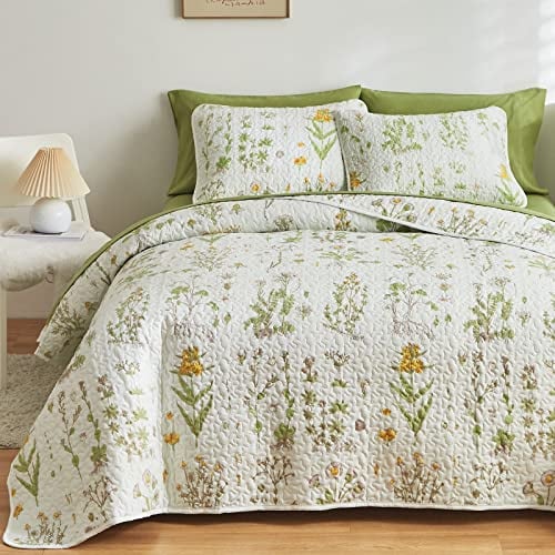 Joyreap 3-teiliges Wende-Bettwäsche-Set, Glatte weiche Mikrofasersteppdecke, gelbe Blumen, grüne Blätter, botanisches Design, Tagesdecke, 1 Steppdecke und 2 Kissenbezüge (voll/Queen-Size, 90 x 90 cm)