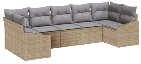 HFXHIJXQ 7-Sitzer Gartensofa Set Beige Hellgrau Poly Rattan mit Stauraum Modular Couch Eckbank Lounge für Terrasse Balkon Outdoor Küche
