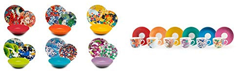 Excelsa Kimono Servizio di Piatti 18 Pezzi, Porcellana e Ceramica, Multicolore & Kimono Set 6 Tazzine da caffè con Piattino, Porcellana, Multicolore