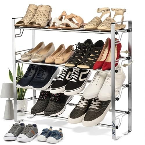 USTECH 4-stöckiges Schuhregal aus Metall, mit Slide-n-Adjust, und rutschfester Oberfläche für 22 Paar Schuhe und Schuhe | Silber und Schwarz | Einfache Montage