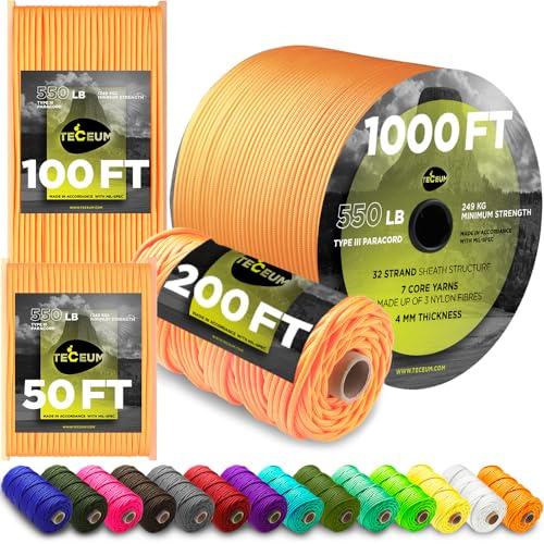 TECEUM Paracord Rope Type III 550 – Tactical MIL-SPEC – Outdoor Para Cord | Apricot, 305m, Clothesline, Camping Fishing Gear and Equipment, DIY, Parachute Cord 4mm, Strong Survival Utility Rope