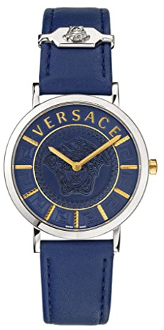 Versace - Damenuhr Quarz Mode Lederarmband Blau Edelstahlgehäuse Analoges Zifferblatt Blau - VEK400121