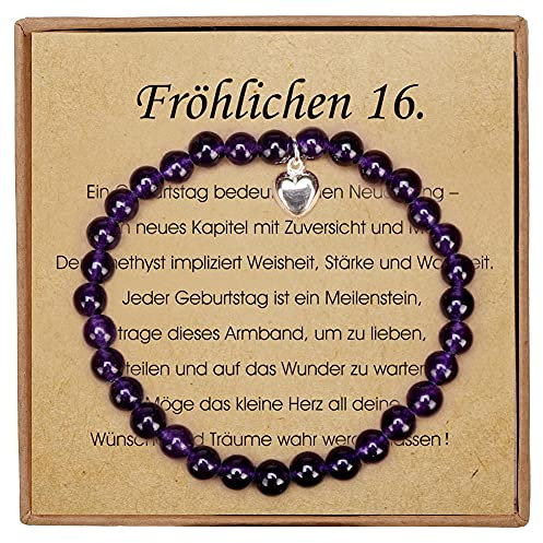 Geschenke für 16 Geburtstag Mädchen Amethyst Armband mit Herz Anhänger aus Sterling Silber Süße 16 Geschenke für Mädchen mit Message Card und Geschenkbox