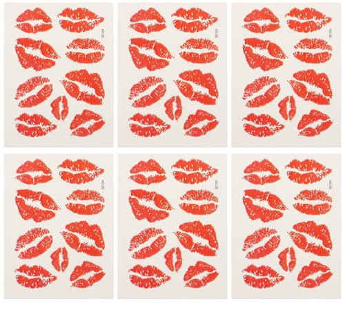 Uonlytech 6 Stücke Rote Lippen Temporäre Tattoo Aufkleber Rot Kuss Tattoo Aufkleber Wasserdichte Fasse Aufkleber für Frauen Club Valentinstag