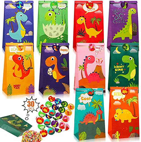 Hibucuo Papiertüten Kindergeburtstag, Dino Geschenktüten, 30 Stück Klein Bunt Dinosaurier Geburtstagstüten mit Aufkleber, Candybar Tüten, Mitgebsel Kinder Geschenken Tüten, Hochzeit, Party, Feier
