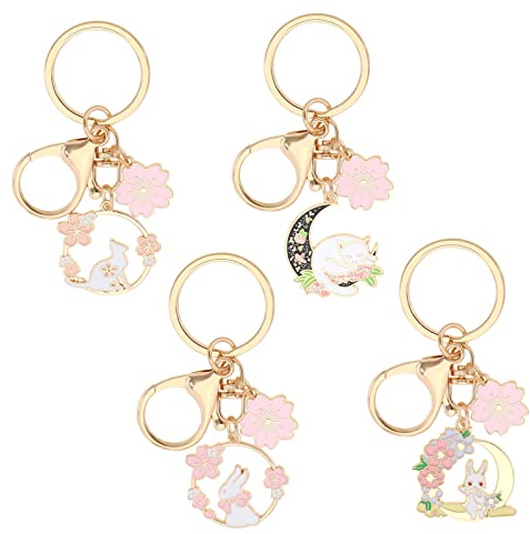 be in your mind 4pcs Porte-clés Lapin Fleur Chat Porte-clés Mignon Porte Clés en Alliage de Métal Décoratif Porte-clés Clé Décoration pour Femmes Dame Filles